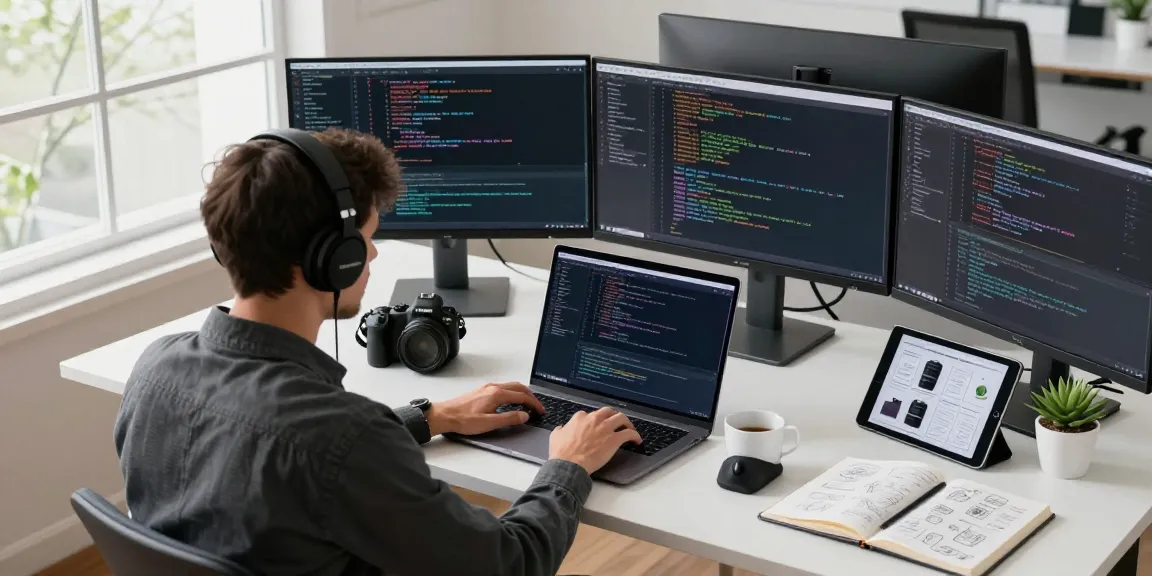 Engaging workspace with developer coding software applications at teiegramin.com, featuring modern tech elements.