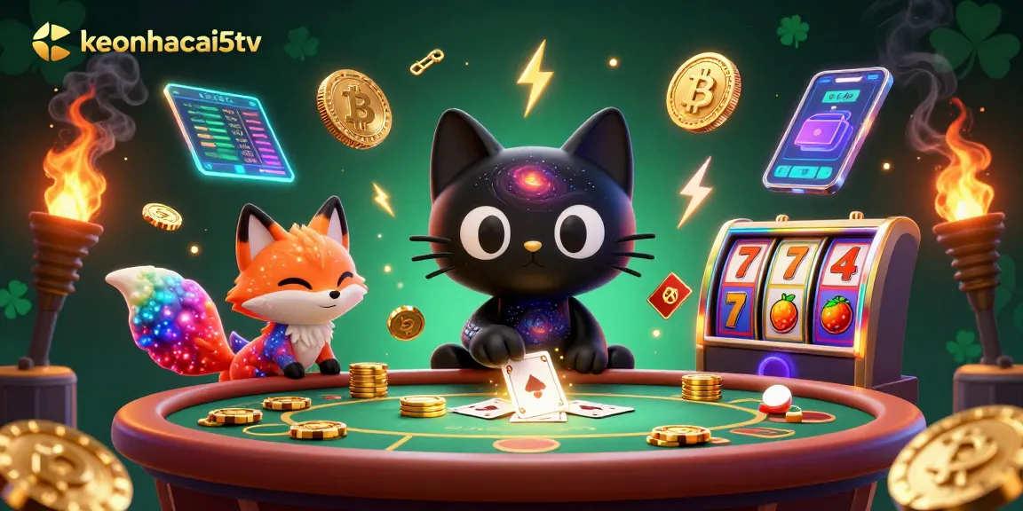Engage with the cosmic casino experience at keonhacai5tv featuring golden chips and colorful gas cloud characters.