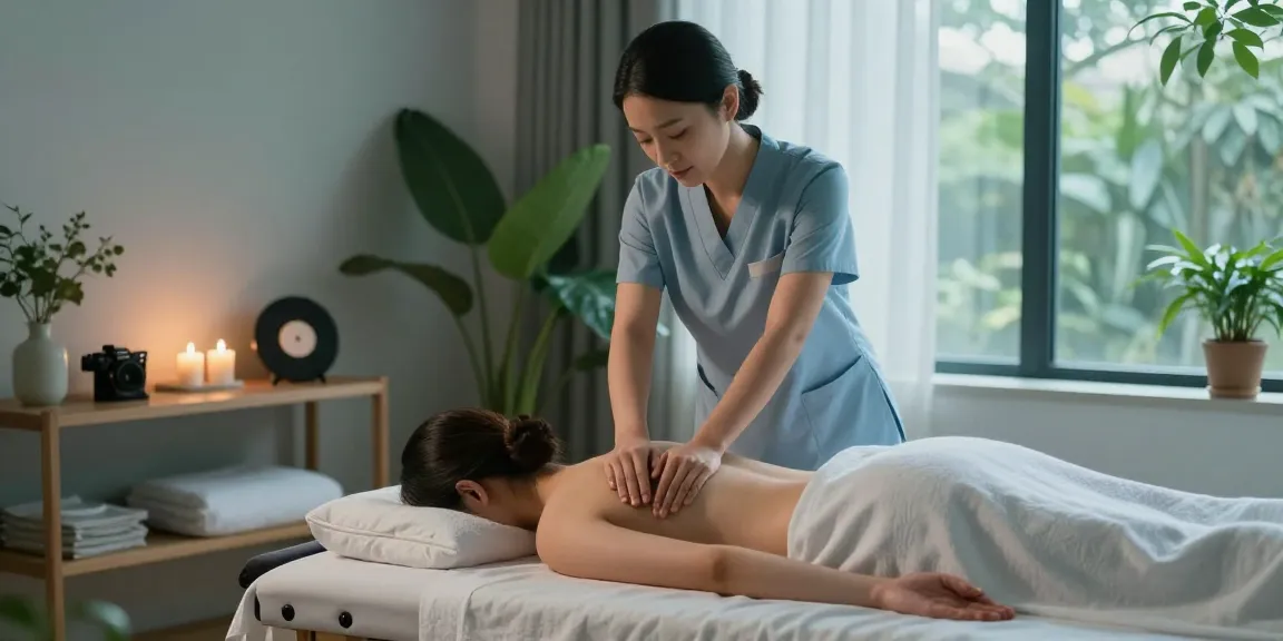 안양출장안마 서비스를 제공하는 편안한 마사지 장면, 아로마 캔들이 있는 고요한 실내 분위기