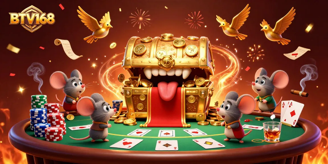 BTV168 unveils a treasure trove of poker excitement with golden coins and festive atmosphere.