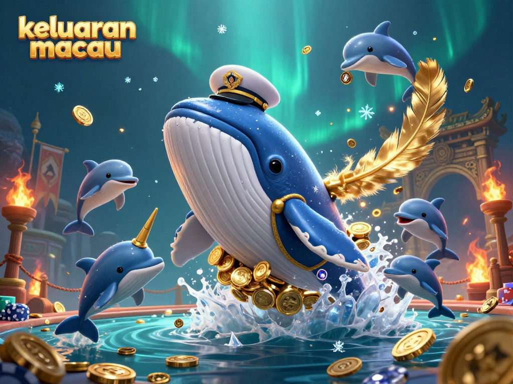 Engaging scene featuring keluaran macau with a 3D whale, narwhal, and playful dolphins in a casino theme.