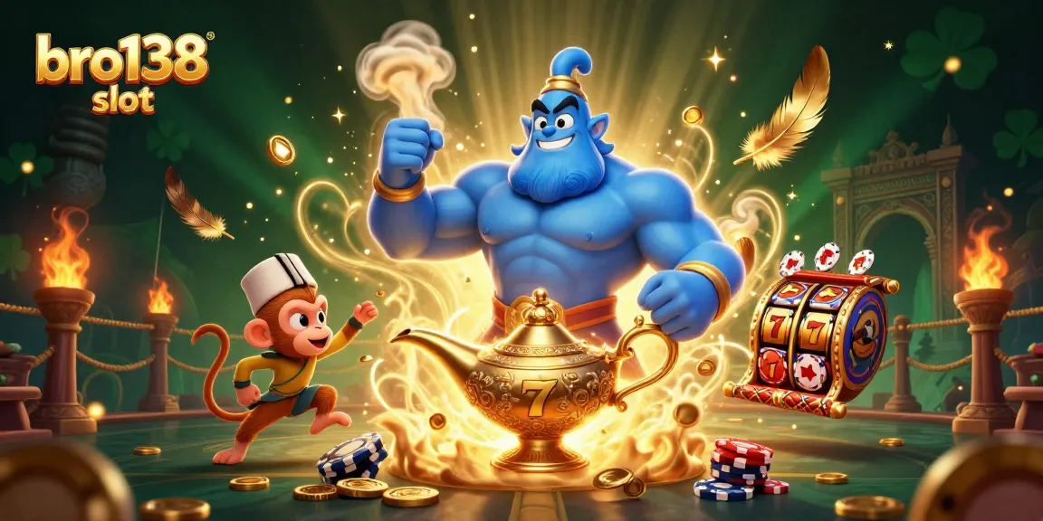 Experience the thrill of bro138 slot with a genie, monkey, and flying carpet in an enchanting casino scene.