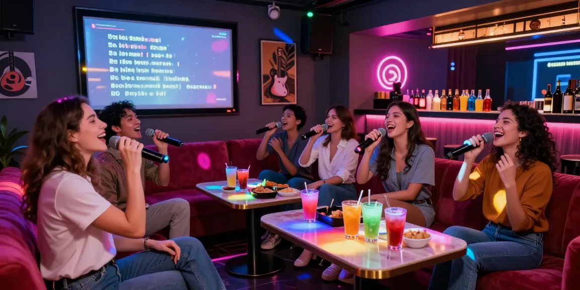 Friends enjoying 강남가라오케 night out with colorful lights and singing.