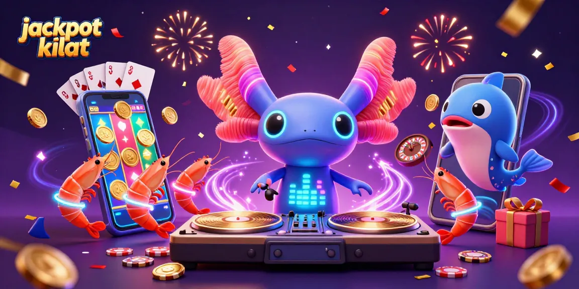 Experience the excitement of jackpot kilat with a vibrant casino-themed 3D illustration featuring dynamic characters and games.