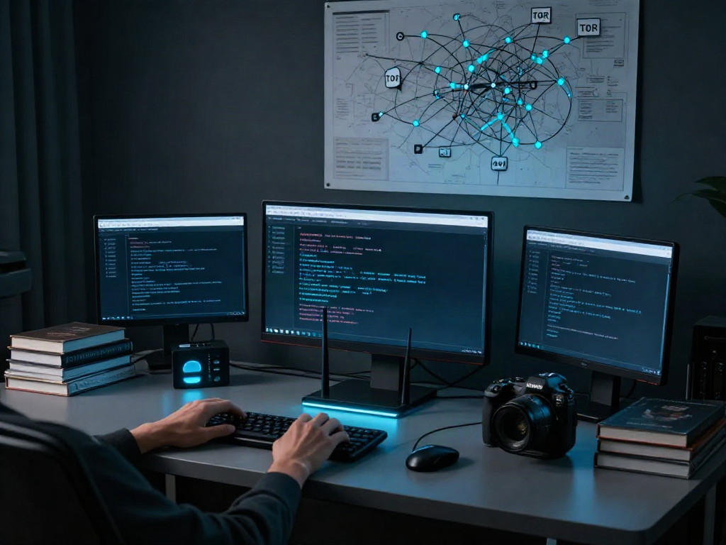 Exploring the hidden wiki with a modern workspace showcasing dark web elements and technology.