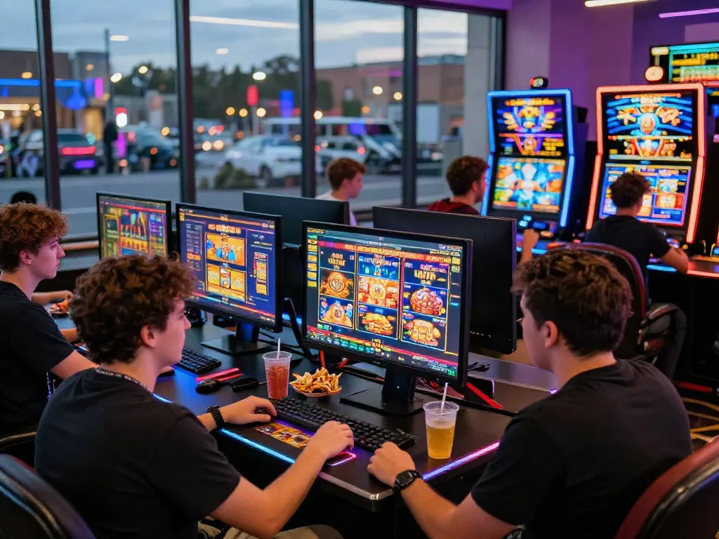 Engaged players enjoying slot online games at their gaming stations with vibrant visuals.