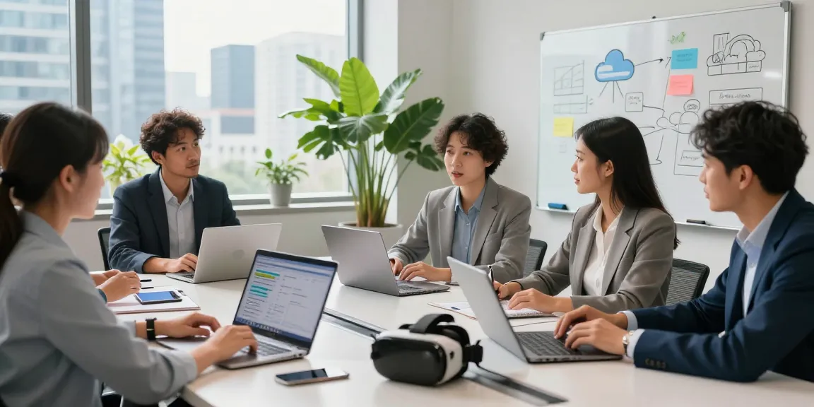 Collaborative professionals discussing מרכזייה בענן solutions in a modern office setting