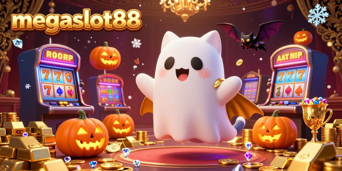 Experience the thrill of megaslot88 with a ghost cat and vibrant casino atmosphere.
