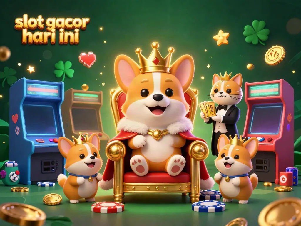 Slot gacor hari ini dengan karakter lucu dan elemen kasino berkilauan di sekitar.
