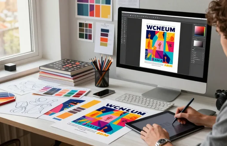Designer creating vibrant custom poster printing in a modern workspace filled with art supplies and natural light.