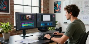 Developer using an AI video generator in a modern tech workspace with dual monitors and vibrant decor.