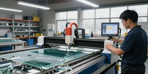 CNC glass cutting machine actively shaping glass sheets in a professional workshop setting.