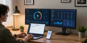 Efficient workspace showcasing 快连 VPN connection with productivity-oriented tech setup.