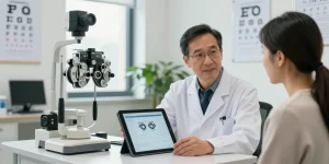 Ophthalmologist Dr. Tong Man Kit consulting with a patient in a bright clinic, emphasizing vision health.