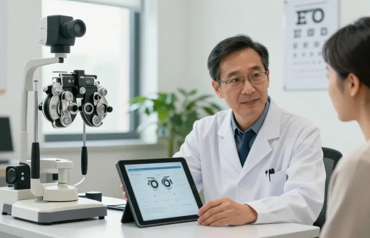 Ophthalmologist Dr. Tong Man Kit consulting with a patient in a bright clinic, emphasizing vision health.