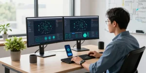 快连 software developer optimizing network performance in a modern office setting with dual monitors and natural light.