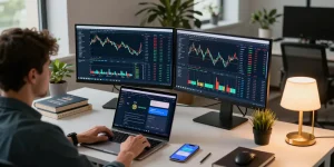 Cricbet99 trading setup featuring cryptocurrency charts, DeFi platforms, and advanced trading tools.