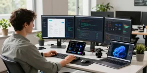 快连 application showcased on multiple screens in a modern tech workspace, highlighting its advanced features and user-friendly design, creating an innovative atmosphere.