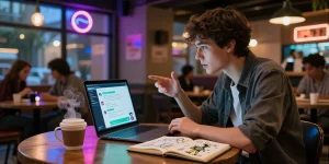 Engaging in nsfw ai chat in a vibrant digital café setting with colorful lights.
