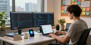 Developer coding telegram china bots in a vibrant tech workspace