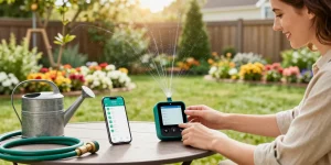 Homeowner setting up RainPoint WiFi water timer for efficient gardening, surrounded by vibrant flower beds and young trees.