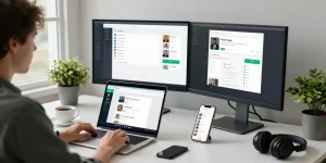 Communicating on WhatsApp網頁版 in a modern workspace with laptop and smartphone.