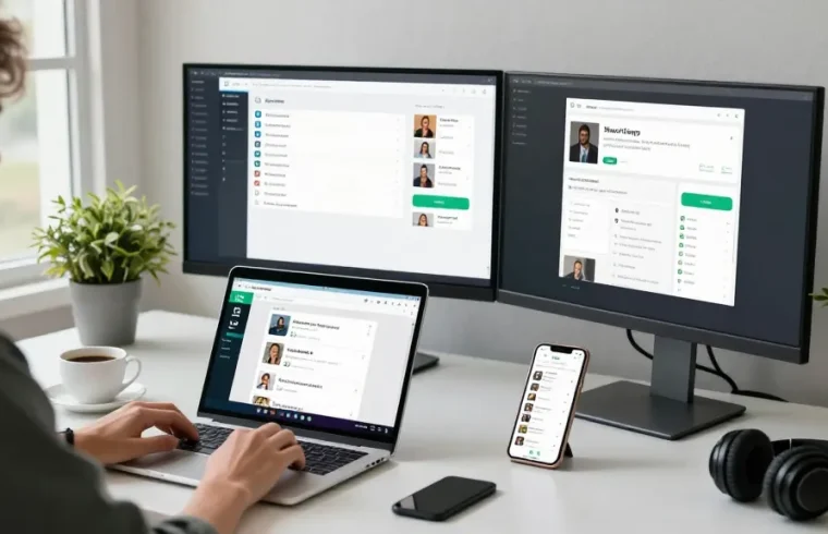 Communicating on WhatsApp網頁版 in a modern workspace with laptop and smartphone.