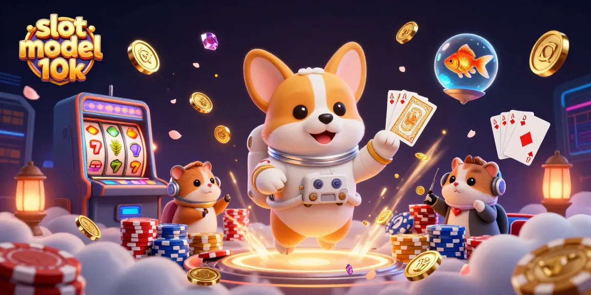 Engage in exhilarating play at slot modal 10k with a vibrant scene of cartoon characters amidst floating casino elements.