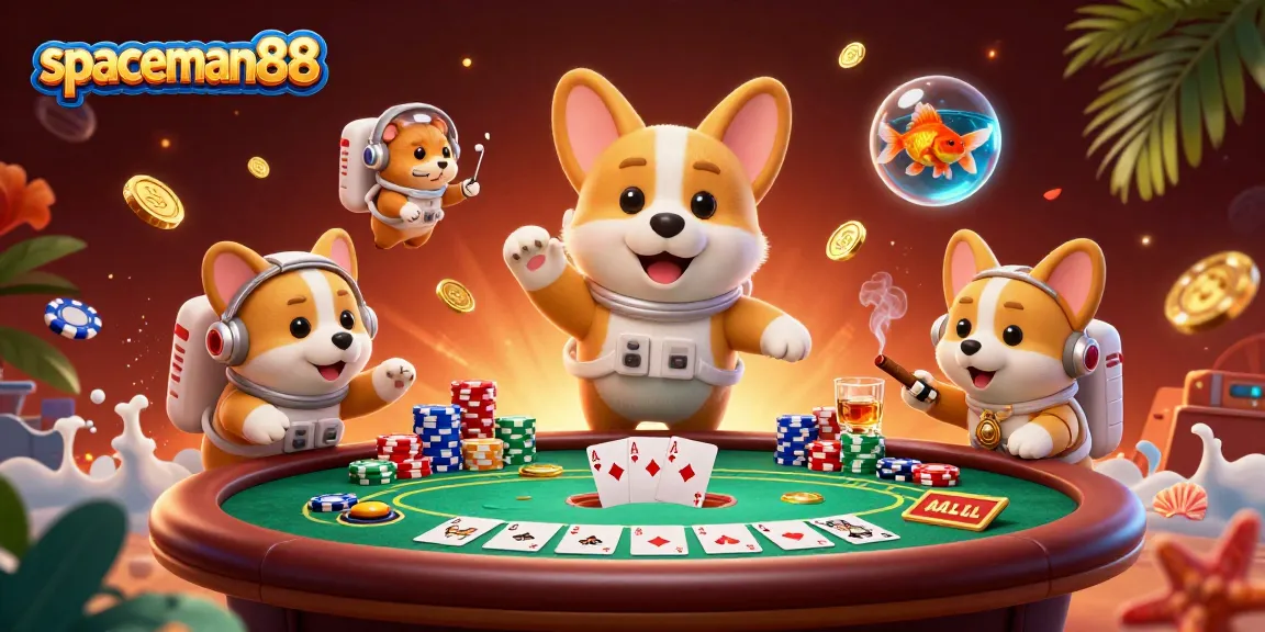 Engage in galactic fun with spaceman88 as a corgi astronaut floats in a vibrant casino.