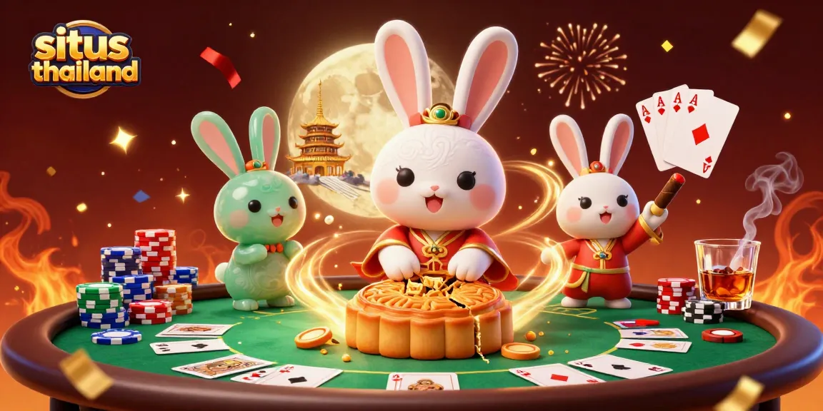 Join the excitement at situs thailand with a vibrant 3D casino illustration showcasing poker chips and moon rabbits!