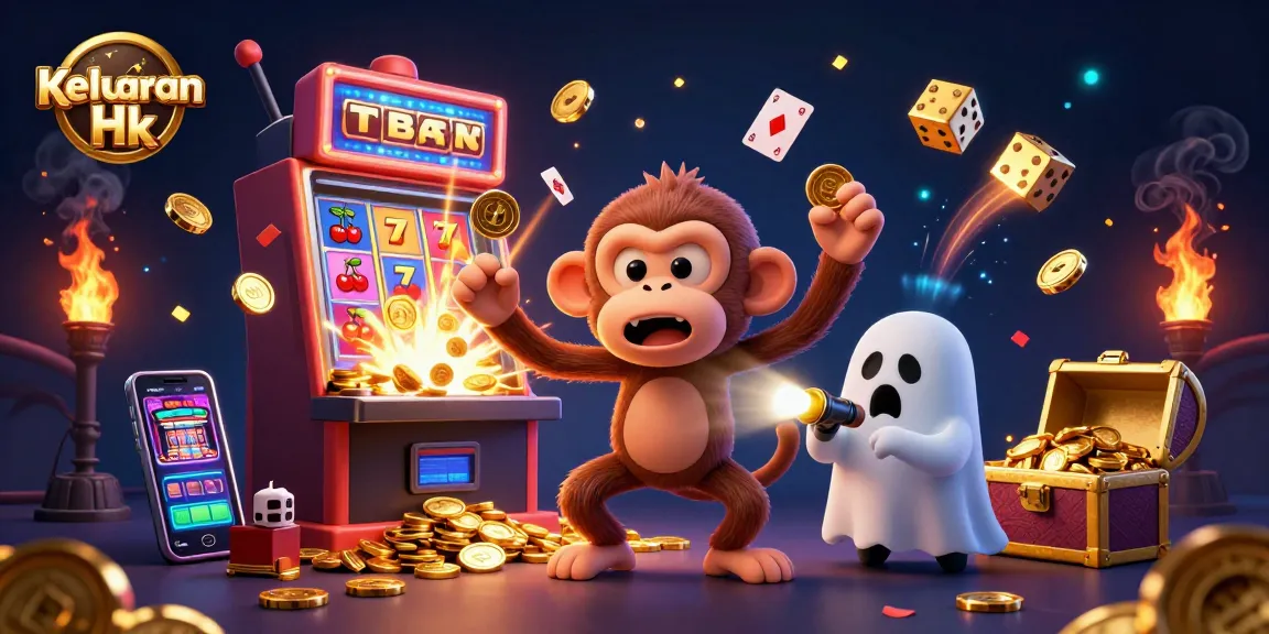 Engage with Keluaran Hk as a playful poltergeist monkey juggles casino treasures amid a haunted backdrop.
