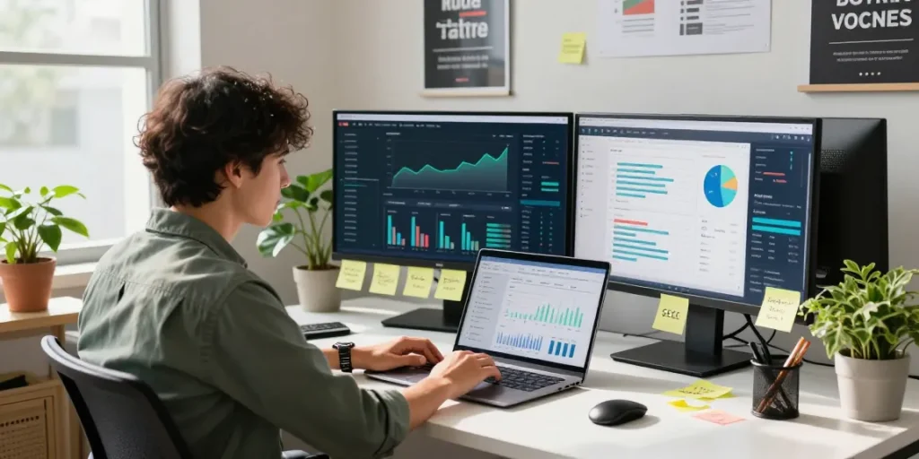 Digital marketing strategist analyzing Homge page links for boost in a creative office setting.