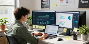 Digital marketing strategist analyzing Homge page links for boost in a creative office setting.