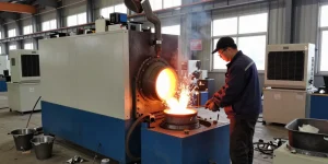 High-frequency induction furnace operating with precision and safety, showcasing advanced metal melting technology.