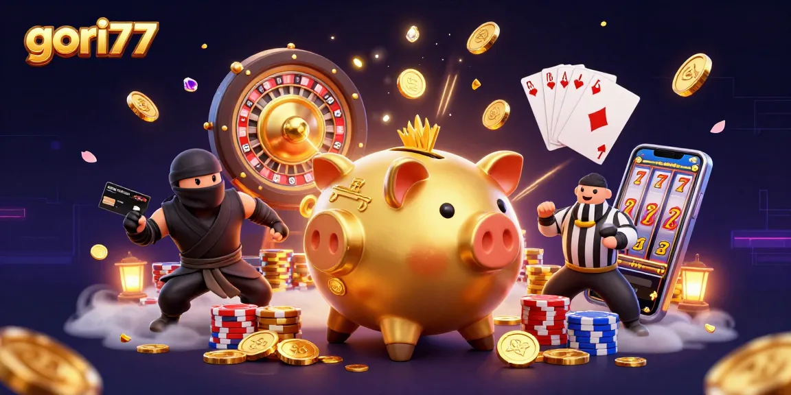 Gori77 shows golden piggy bank wrestler amidst swirling casino treasures.