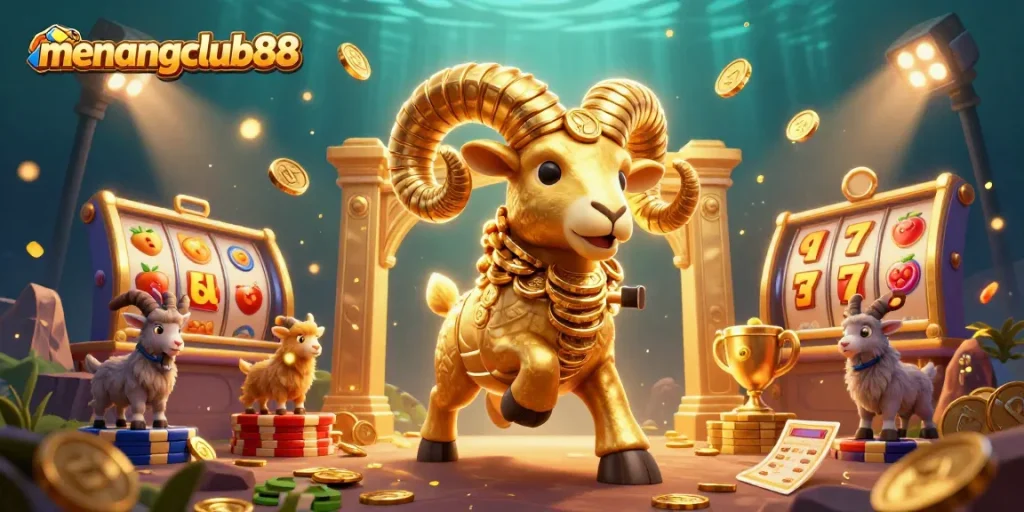 Experience winning thrills with menangclub88 featuring a massive golden ram charging at a jackpot gate.