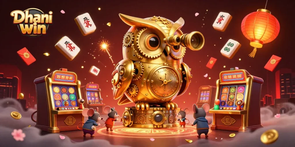 Join the thrilling action on Dhani win with vivid casino games and engaging characters in this vibrant illustration.