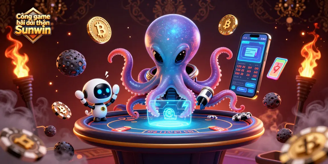 Cổng game bài đổi thưởng Sunwin showcases an alien octopus engaging with a holographic poker table amidst vibrant cosmic elements.