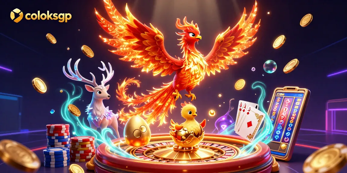 Experience the thrill of coloksgp with 3D phoenix characters amidst casino elements like roulette and slot machines.