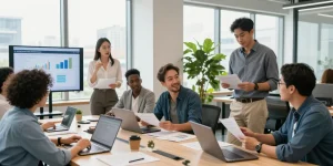 Instant merchant cash advance collaboration in a modern co-working space with entrepreneurs discussing financing options.