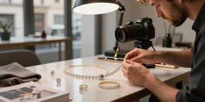 Fotografo gioielli Milano che scatta foto di alta qualità a gioielli preziosi nel suo studio moderno.