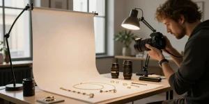 Photographe de bijoux à Milan capturant des créations en studio, mettant en valeur les détails des bijoux.