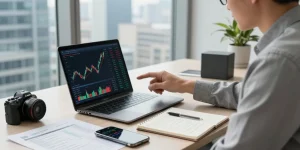 Investor analyzing 5starsstocks.com best stocks in a modern office setting with financial reports.