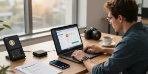Recover lost crypto assets with a professional using recovery software in a modern tech workspace.