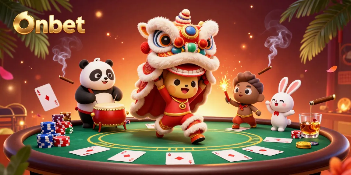 Experience vibrant action at Onbet with animated lion dance characters and poker elements.