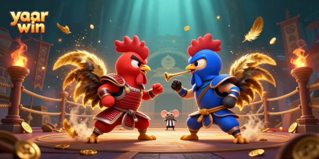 yaar win illustrates intense duel between samurai rooster and ninja rooster amidst swirling golden feathers.