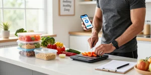 Person using the best calorie tracker app while meal prepping in a bright kitchen.