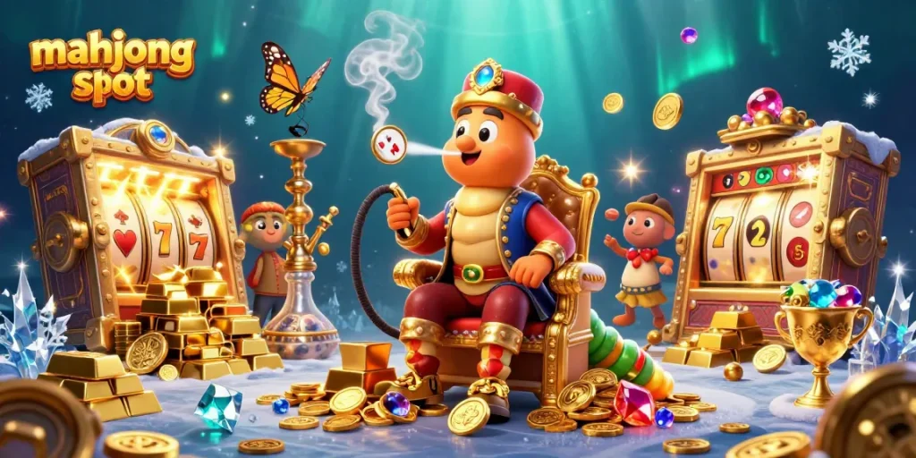 Experience thrilling mahjong slot gameplay with a vibrant 3D illustration of unique characters and dynamic symbols.