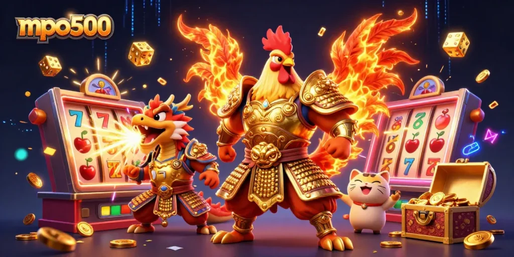 mpo500 showcases a vibrant 3D casino scene with a fighting rooster and dragon amidst jackpot elements.
