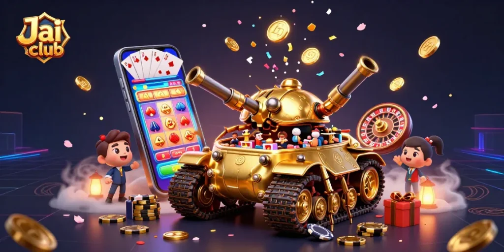 Experience thrilling gameplay at Jai club with a vibrant 3D casino scene showcasing dynamic gaming elements.